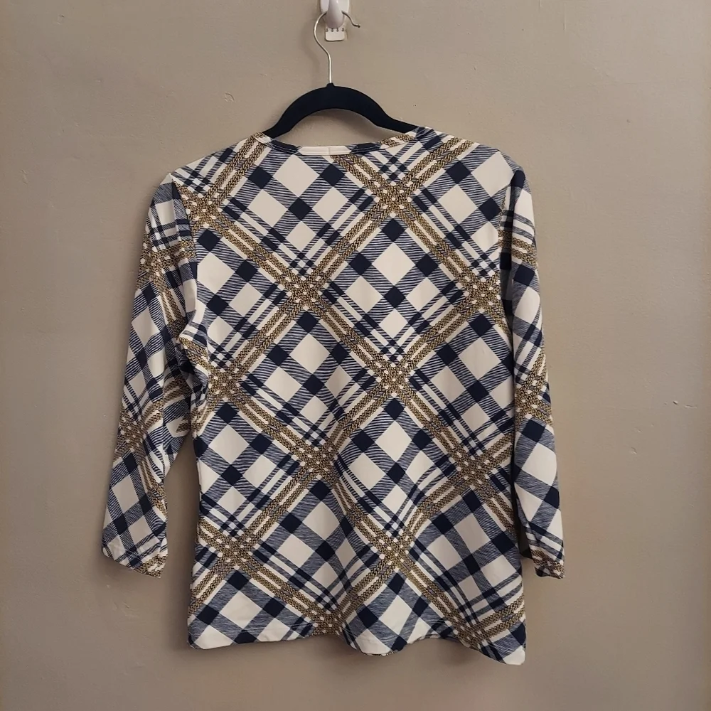 J MCLAUGHLIN Signature Catalina Cloth Blue And White Plaid 3/4 Length Sleeve Top - Picture 9 of 11